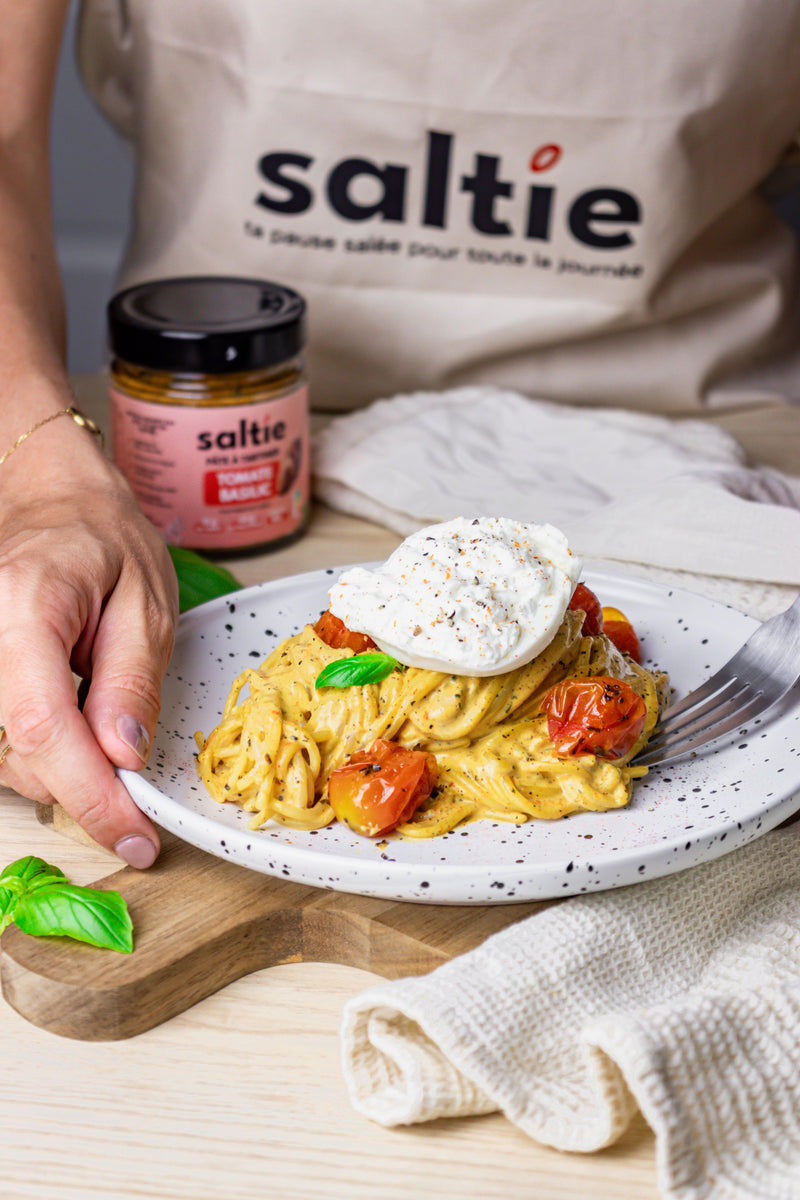 Spaghetti crémeuses tomate basilic & burrata